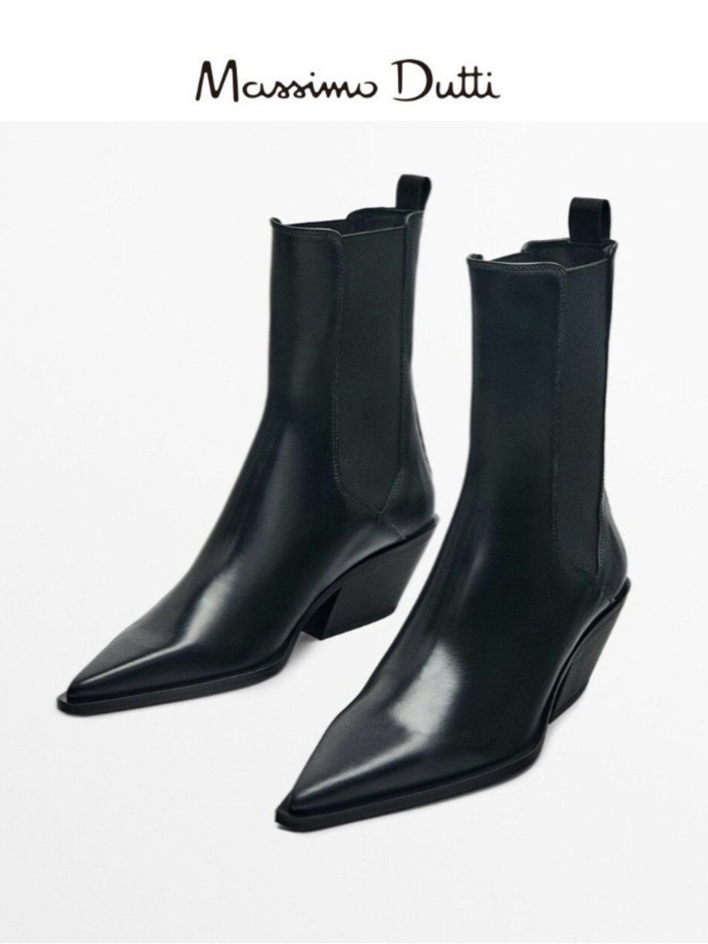 Massimo Dutti Black Pointed Leather Ankle Boots. NEW never worn 💫
